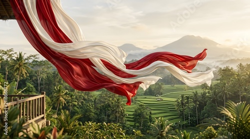 Red And White Fabric Indonesian independence Flag Waves at Indonesian Nature and Urban Landscape, made by Ai
