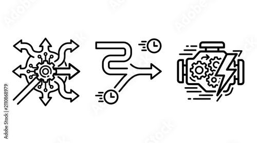 Manufacturing process and workflow optimization icons set featuring engine power task routing time management manufacturing optimization workflow management industrial efficiency automation