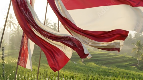 Red And White Fabric Indonesian independence Flag Waves at Indonesian Nature and Urban Landscape, made by Ai