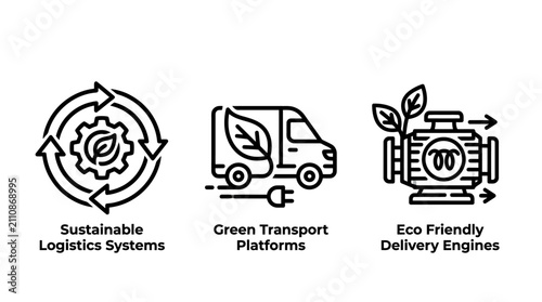Sustainable logistics systems and green transport icons set with eco friendly logistics transport sustainability delivery environment electric recycling shipping distribution innovation