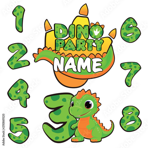 Dino Party Birthday Badge with Cute Dinosaur and Numbers 1-8