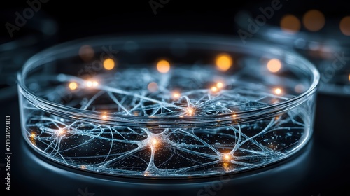 Glowing Neural Network and Stem Cells in Glass Petri Dish for Biotechnology Research