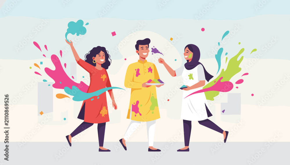 Fototapeta premium Cheerful friends celebrate the festive Indian festival of Holi by throwing vibrant colored powders and paint splashes.