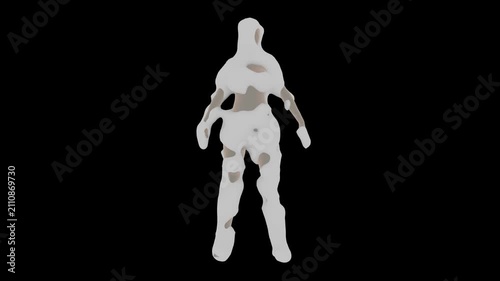 Dynamic texture of white foam, spreading over the human figure. Surreal liquid balls covering a Woman's body on a black background.