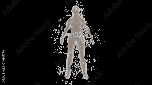 A holographic female figure with a glowing edge and particles. Futuristic 3D female silhouette with data particles on a black background.