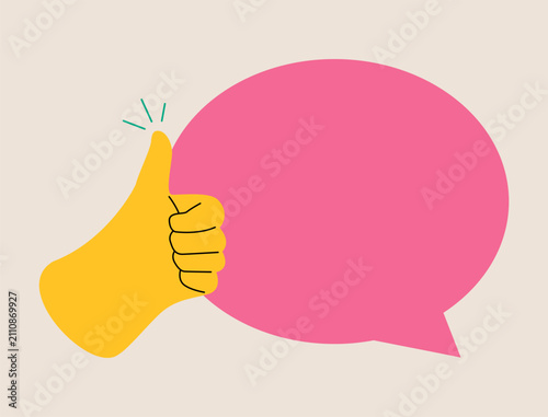 Hand and blank speech bubble. Thumbs up gesture at speech bubble. Colorful vector illustration
