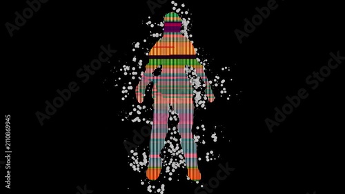 A futuristic digital man who dissolves into glitter and light spheres. The effect of a colorful glitch on the silhouette of a female body.