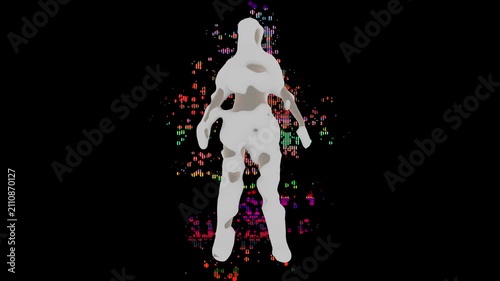 3D human-shaped metabolites with swirling multicolored data particles. Dynamic melting white texture with colorful digital bokeh on black.
