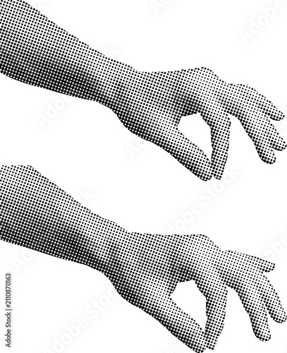 Two hands picking or holding small virtual object with fingers in black and white halftone dotted style precision touch and body language concept isolated on white background