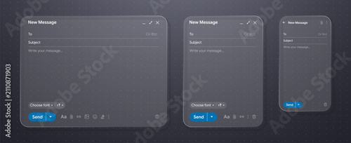 Obraz na plátně Set of liquid glass new mail message user interface screen with responsive desktop, tablet and smartphone compose windows template for web application