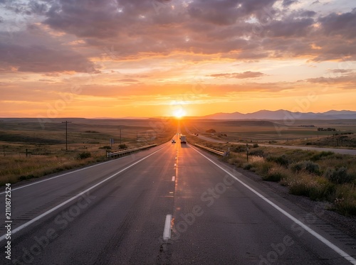 Scenic highway leading towards a vibrant sunset over a vast desert landscape.