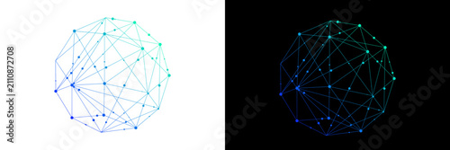 Abstract low poly gradient network sphere with connected dots and lines, symbolizing AI, digital technology, data flow, and global connectivity.