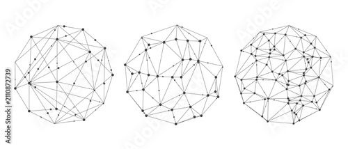Abstract polygonal network connection spheres with linked dots and lines, representing digital communication, AI, blockchain, big data, technology, internet, and global connectivity.