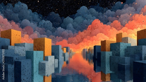 Abstract 3D landscape of geometric blue and orange sponge cubes standing in water under a stormy sunset sky.