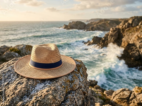 Straw hat resting on a rock overlooking a dramatic ocean coastline with crashing waves.