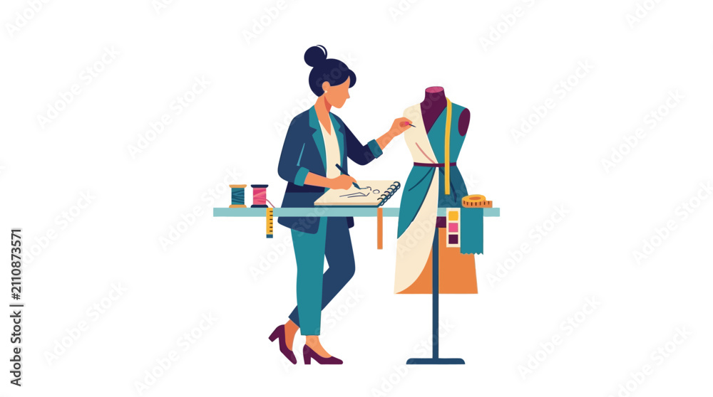 Fototapeta premium Professional fashion designer working on a garment design at her studio table.