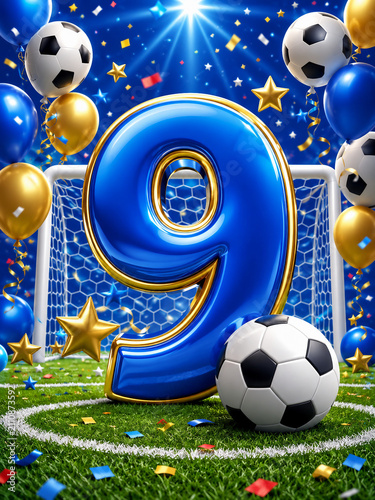 Sporty birthday illustration with a large blue number nine, soccer balls, football goal, balloons, confetti, and festive sports decorations. Perfect for children's soccer birthday invitations, greetin