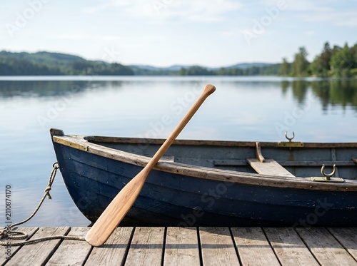 Wooden rowboat with oar resting on a dock by a calm lake.