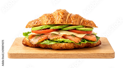 Smoked Salmon and Avocado Croissant Sandwich on Wooden Board