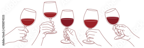 Hands holding wine glasses minimalist line art vector illustration for festive toast, celebration, social gatherings and elegant hospitality design