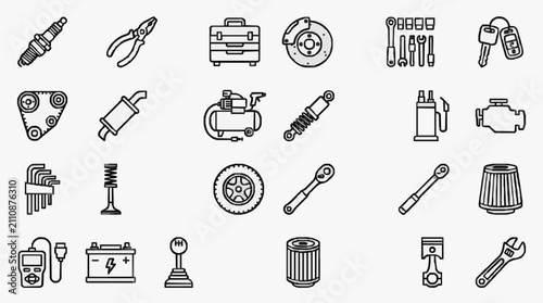 Bild auf Leinwand Elegant Monochrome Line Art Set of Auto Repair Tools Car Parts and Diagnostic Eq