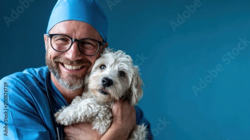 A cheerful veterinarian in surgical attire is warmly holding a fluffy white dog against a calming blue backdrop, showcasing the bond between pets and their caretakers.