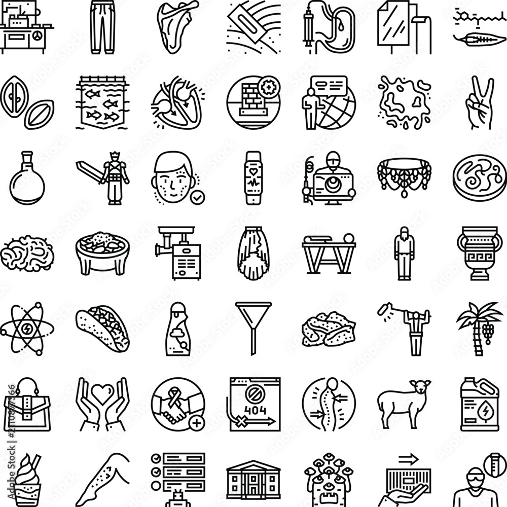 Naklejka premium Collection of various outline icons covering a wide range of subjects, including healthcare, technology, food, industry, animals, and fashion, presented in a clean, minimalist style