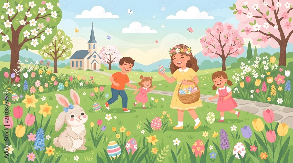 Fototapeta premium Whimsical spring meadow illustration showing children playing among wildflowers and rabbits beside a village church
