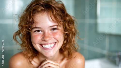 A radiant young woman is featured in this image, happily smiling in a bathroom setting, embodying self-care, happiness, and confidence with natural beauty and a joyful demeanor.