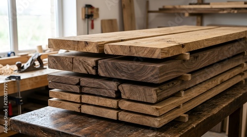 Stacked lumber in workshop, raw wood planks, carpentry materials indoors