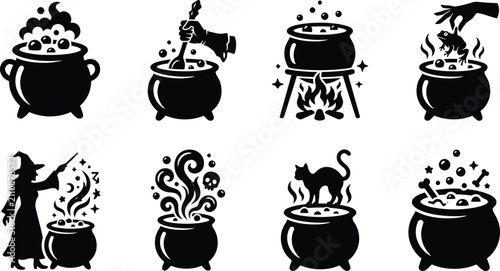 Tableau sur toile Halloween witch cauldron potion icon set