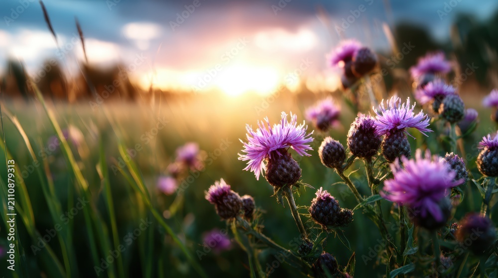 Obraz premium This stunning image captures a field of vibrant wildflowers bathed in sunset light, creating an enchanting atmosphere filled with color and natural beauty.