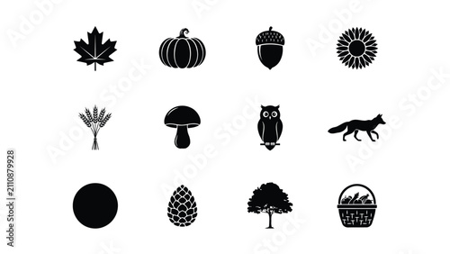Quadro su tela Black and white minimalist autumn nature symbols icon set flat design with monoc
