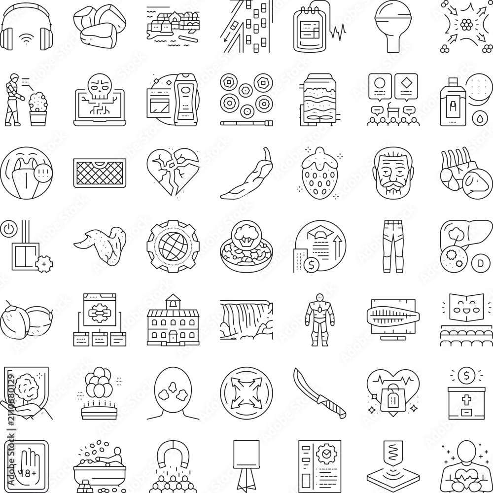 Fototapeta premium Collection of diverse line icons illustrating various concepts, including technology, food, health, environment, and social interactions, suitable for modern design projects