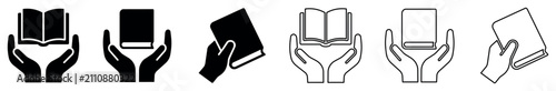 Icons showing hands holding books in various styles and angles, symbolizing reading, education, knowledge sharing, and learning concepts for digital and graphic design