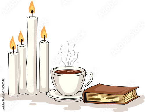 Cozy Coffee Break with Candles and Book Flat Vector Illustration