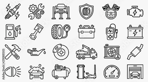 Sleek Black and White Line Art Icons Set Featuring 30 Auto Repair and Maintenance Tools Vehicles and Equipment