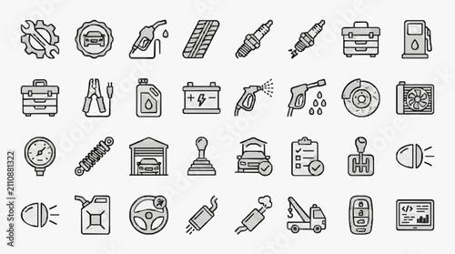 Minimalist Black and White Line Icons Set Featuring Auto Repair Maintenance and Diagnostic Tools