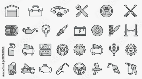 Professional Minimalist Line Drawing Icons Set of Auto Repair Tools Car Parts and Workshop Equipment in Monochrome