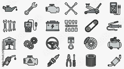 Corporate Icons Set of Monochromatic Auto Repair Tools and Equipment for Business Presentations