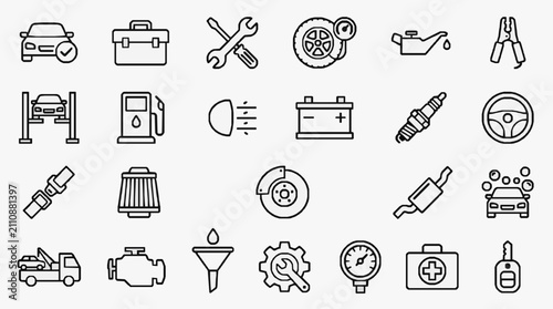 Industrial Black and White Line Icons Set Featuring Car Maintenance Repair Tools and Auto Parts