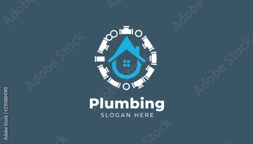 Plumbing services logo design featuring a house icon surrounded by a ring of various pipeline fittings.