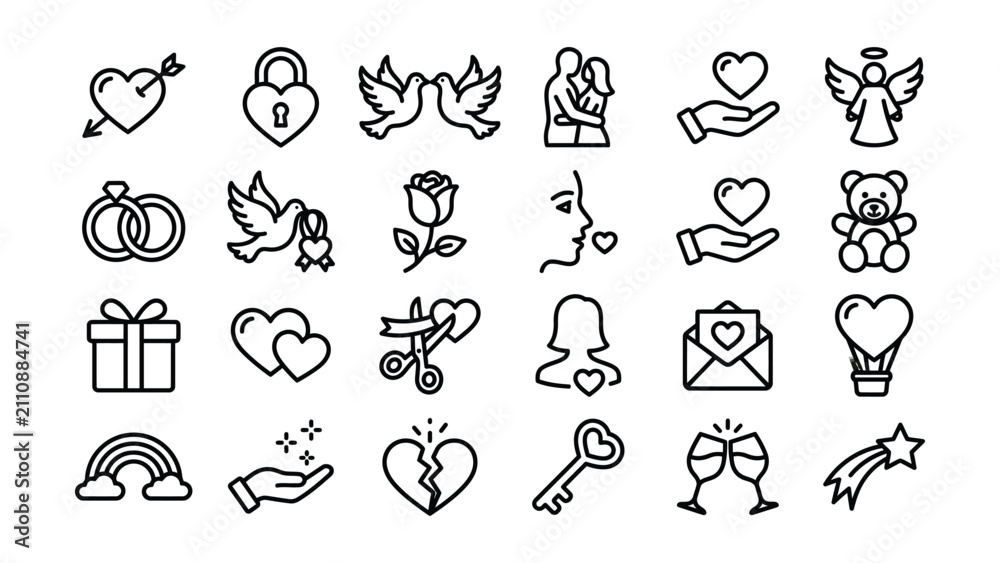 Fototapeta premium Collection of various romantic and love related line icons and symbols