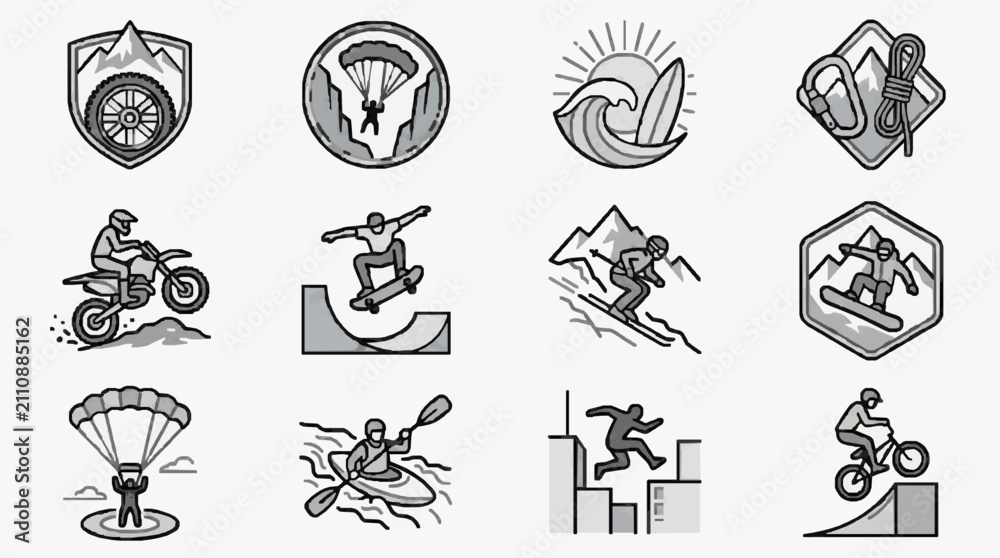 Fototapeta premium Dynamic Black and White Line Set of Extreme Sports and Adventure Activities Icons with high quality professional line art symbols for modern creative design and digital branding projects