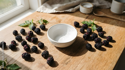 Fresh Blackberries Scattered Around Empty Ceramic Bowl on Wooden Surface by Sunlit Window