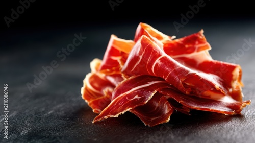 A visually striking pile of delectable dried meat slices showcases their rich color and texture, making it perfect for culinary enthusiasts and purveyors of fine delicacies.