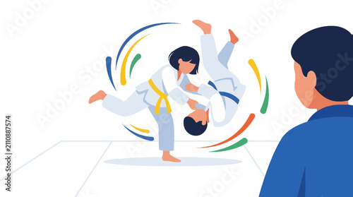 Martial artist executes a swift throw while an instructor observes the training match.