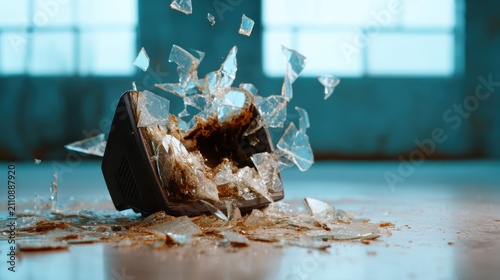A shattered speaker lies on the ground, surrounded by sharp pieces of glass. The contrasting materials and textures create a powerful visual statement about destruction and loss.