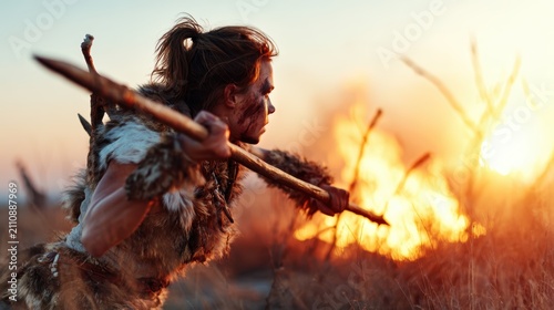 A fierce hunter is poised against a dramatic sunset, showcasing a raw connection to nature and the ancient pursuit of survival, embodying primitive strength and resilience.