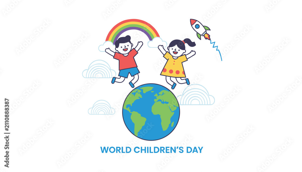 Fototapeta premium World Childrens Day global celebration card featuring happy young boy and girl jumping high on top of planet Earth under rainbow.